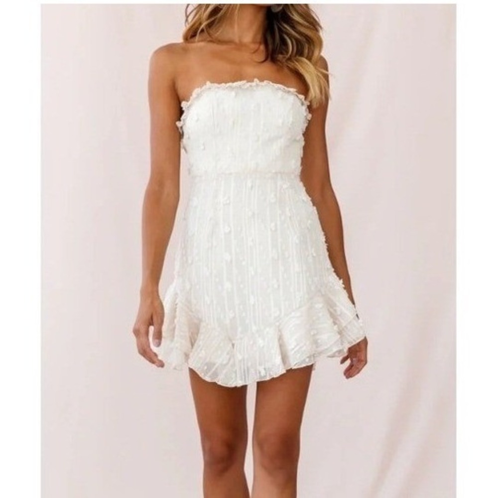 Selfie Leslie Strapless Ruffle Mini Dress Womens XL White Swiss Dot Cocktail NWT